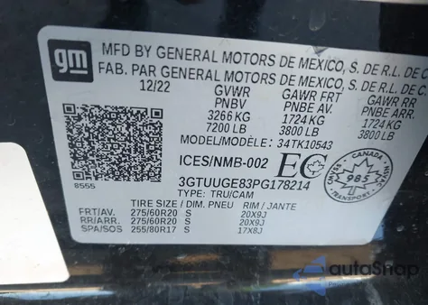 2023 GMC Sierra 1500 z USA, uszkodzony, nr VIN 3GTUUGE83PG178214